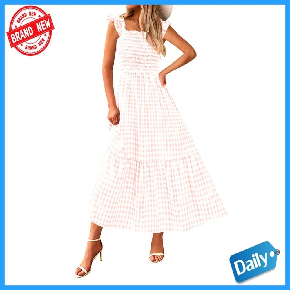 Women's Midi Dress Square Neck Ruffle Strap Smocked Waist A-Line Flowy